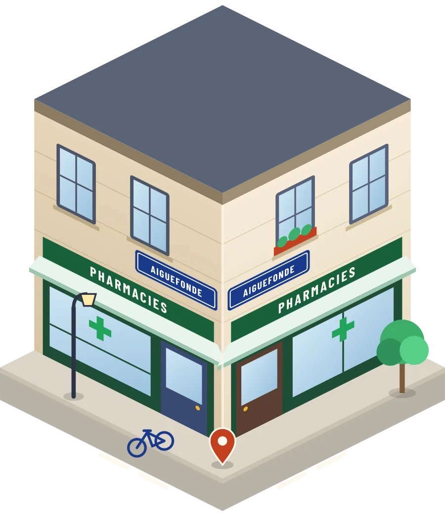 Illustration d'un coin de rue à Aiguefonde : deux devantures « Pharmacies » à l'angle