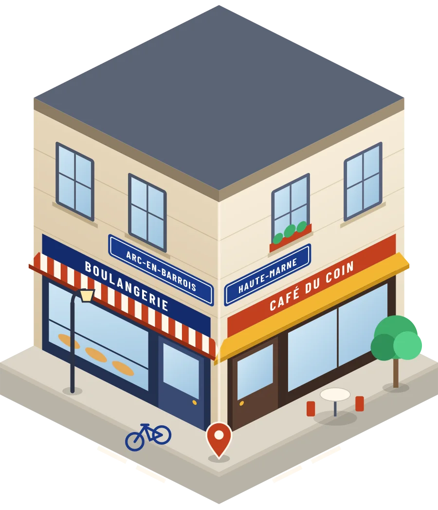 Illustration d'un coin de rue à Arc-en-Barrois : une boulangerie et un café à l'angle, plaques « Arc-en-Barrois » et « Haute-Marne »