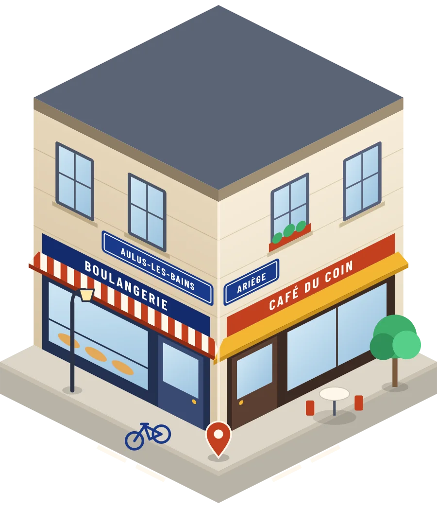 Illustration d'un coin de rue à Aulus-les-Bains : une boulangerie et un café à l'angle, plaques « Aulus-les-Bains » et « Ariège »