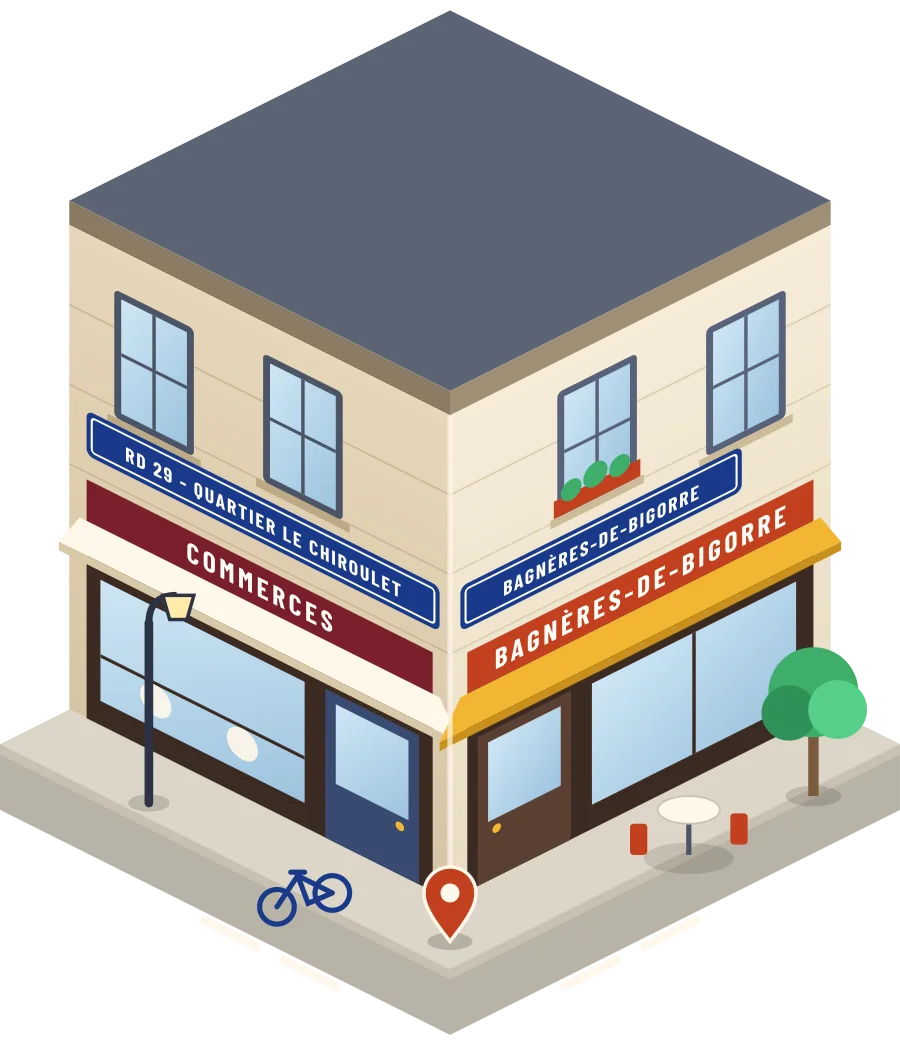 Illustration d'un coin de rue à Bagnères-de-Bigorre, avec la plaque « rD 29 - quartier Le Chiroulet »