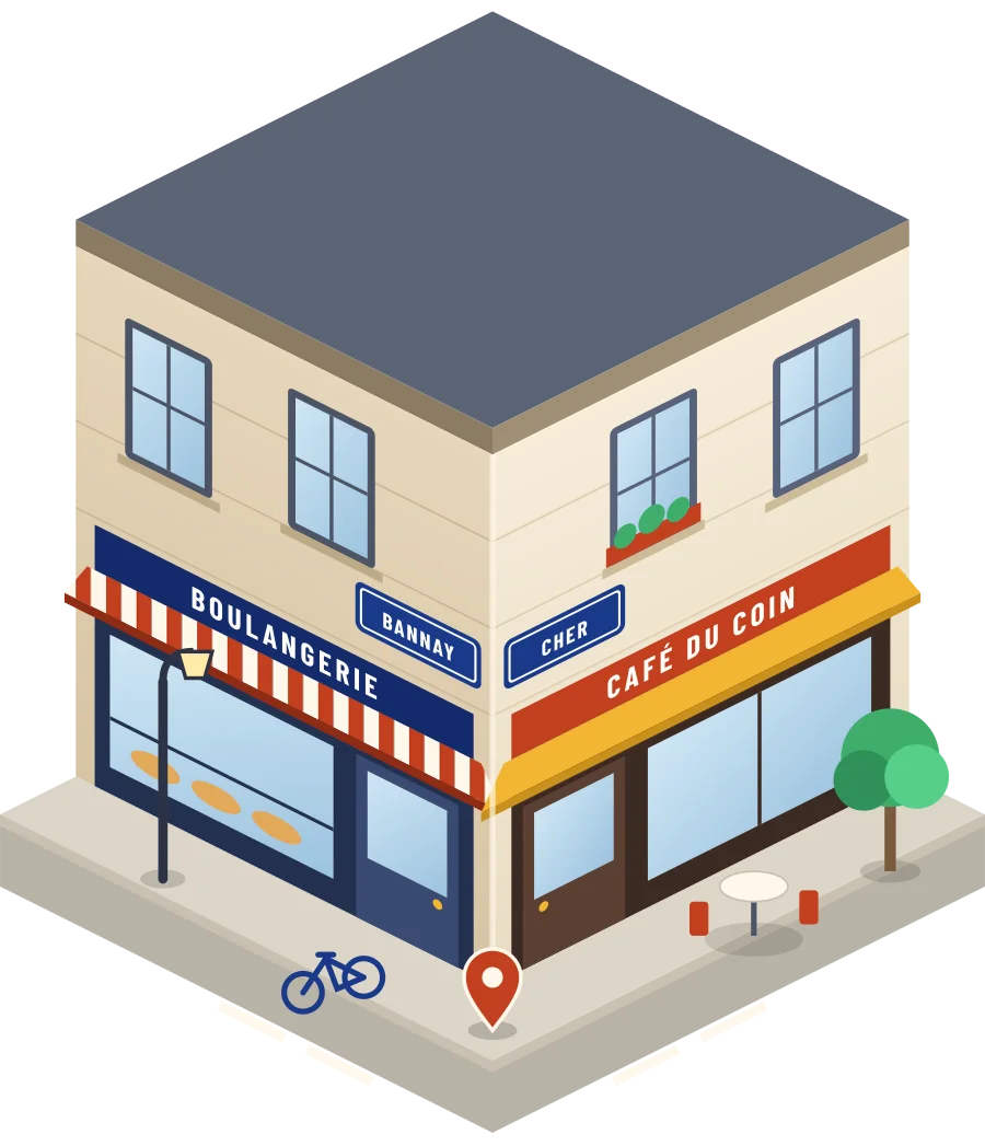 Illustration d'un coin de rue à Bannay : une boulangerie et un café à l'angle, plaques « Bannay » et « Cher »