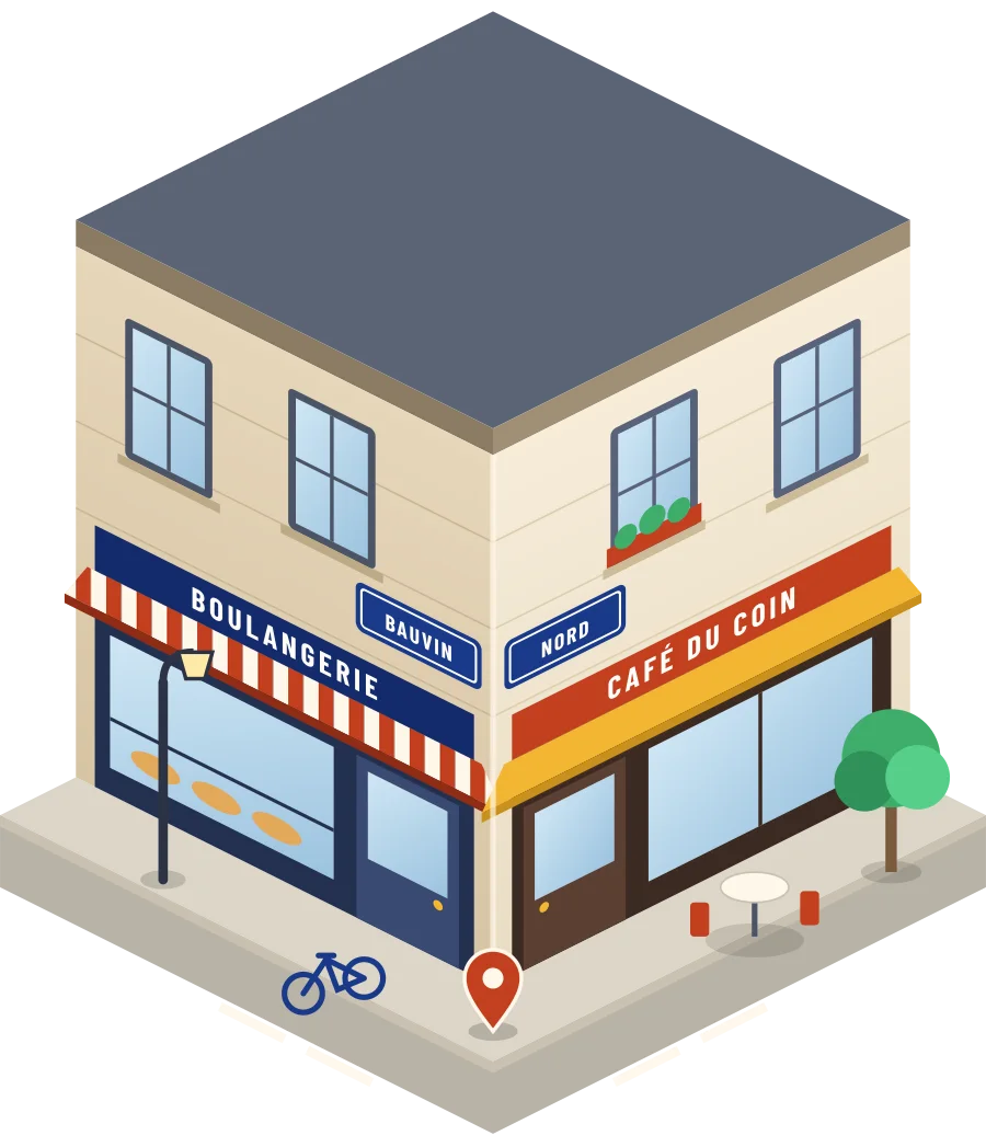Illustration d'un coin de rue à Bauvin : une boulangerie et un café à l'angle, plaques « Bauvin » et « Nord »