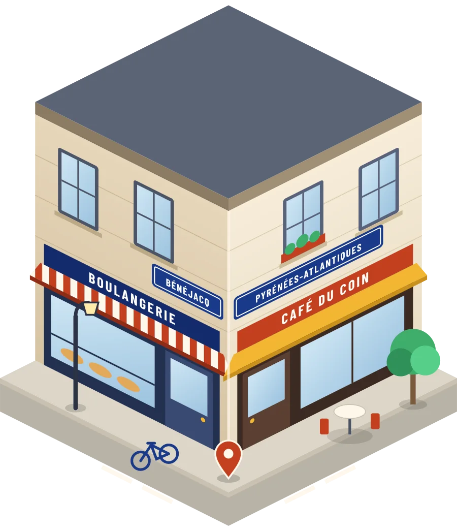 Illustration d'un coin de rue à Bénéjacq : une boulangerie et un café à l'angle, plaques « Bénéjacq » et « Pyrénées-Atlantiques »