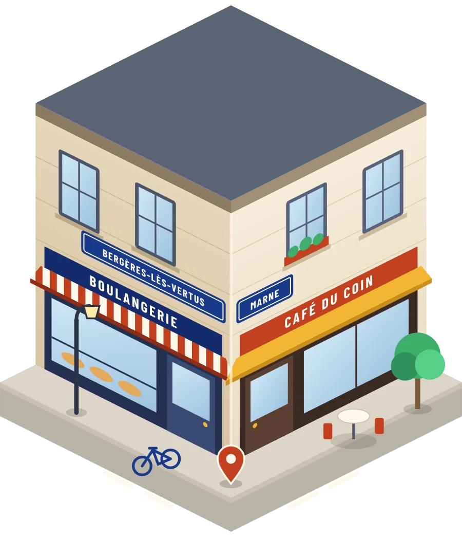Illustration d'un coin de rue à Bergères-lès-Vertus : une boulangerie et un café à l'angle, plaques « Bergères-lès-Vertus » et « Marne »