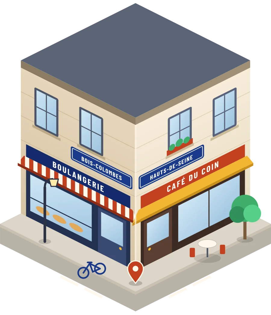 Illustration d'un coin de rue à Bois-Colombes : une boulangerie et un café à l'angle, plaques « Bois-Colombes » et « Hauts-de-Seine »