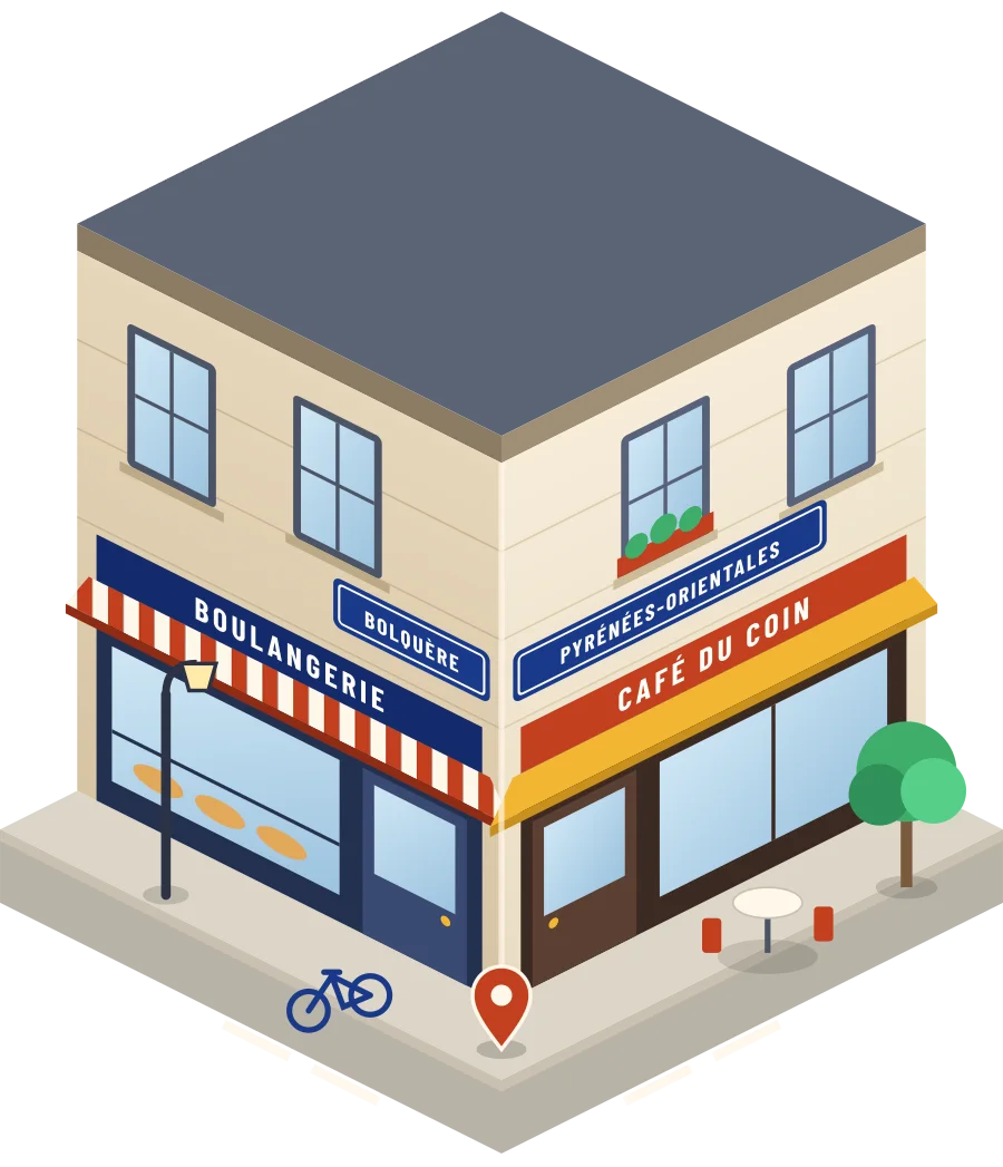 Illustration d'un coin de rue à Bolquère : une boulangerie et un café à l'angle, plaques « Bolquère » et « Pyrénées-Orientales »