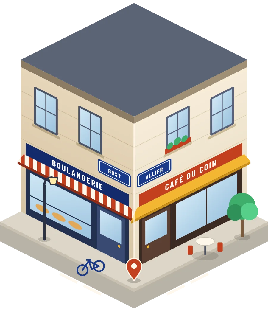 Illustration d'un coin de rue à Bost : une boulangerie et un café à l'angle, plaques « Bost » et « Allier »