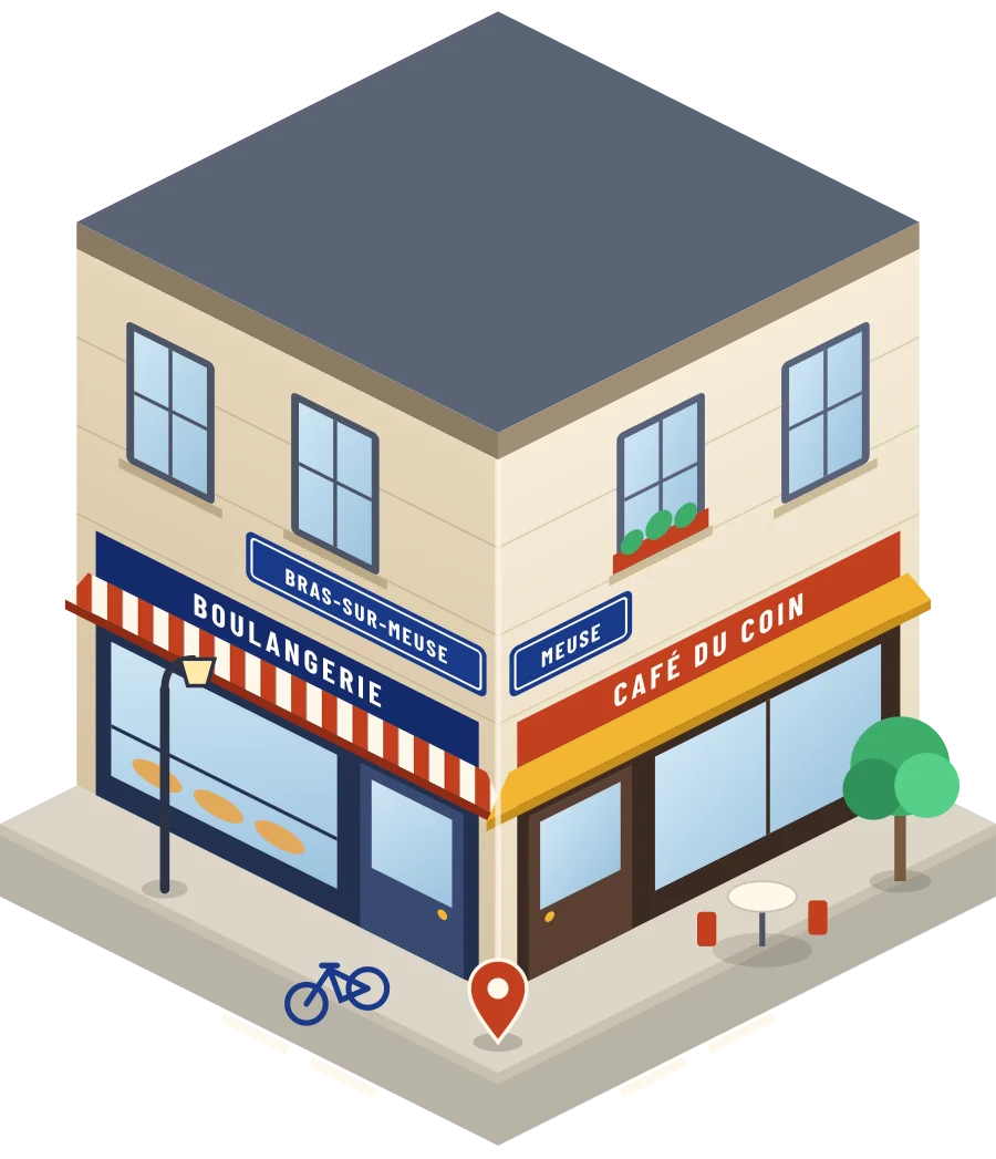 Illustration d'un coin de rue à Bras-sur-Meuse : une boulangerie et un café à l'angle, plaques « Bras-sur-Meuse » et « Meuse »