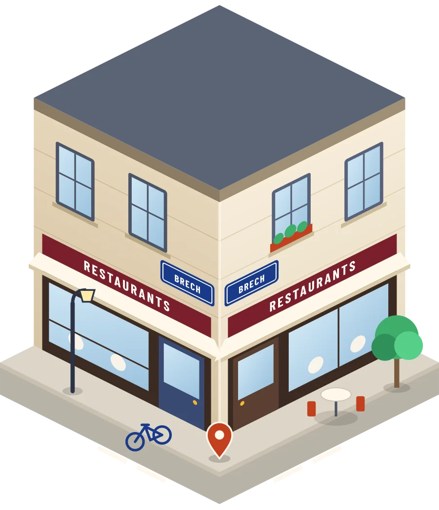 Illustration d'un coin de rue à Brech : deux devantures « Restaurants » à l'angle
