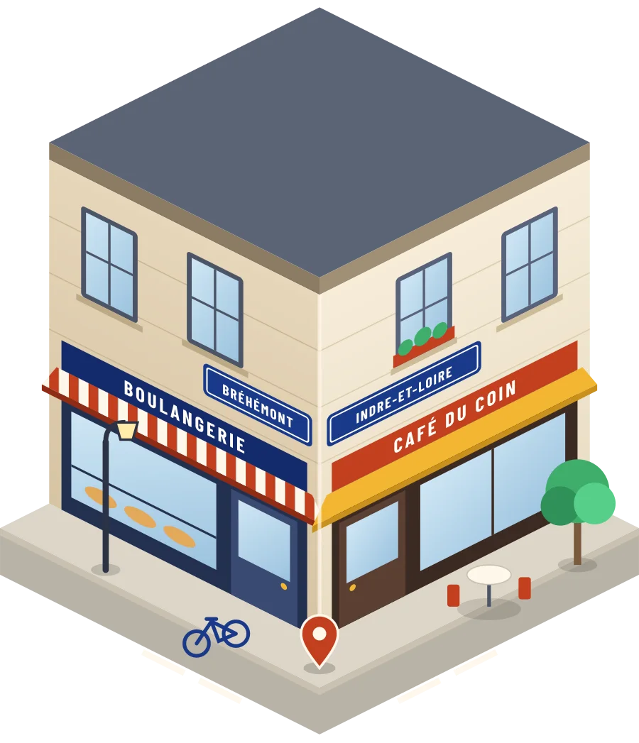 Illustration d'un coin de rue à Bréhémont : une boulangerie et un café à l'angle, plaques « Bréhémont » et « Indre-et-Loire »