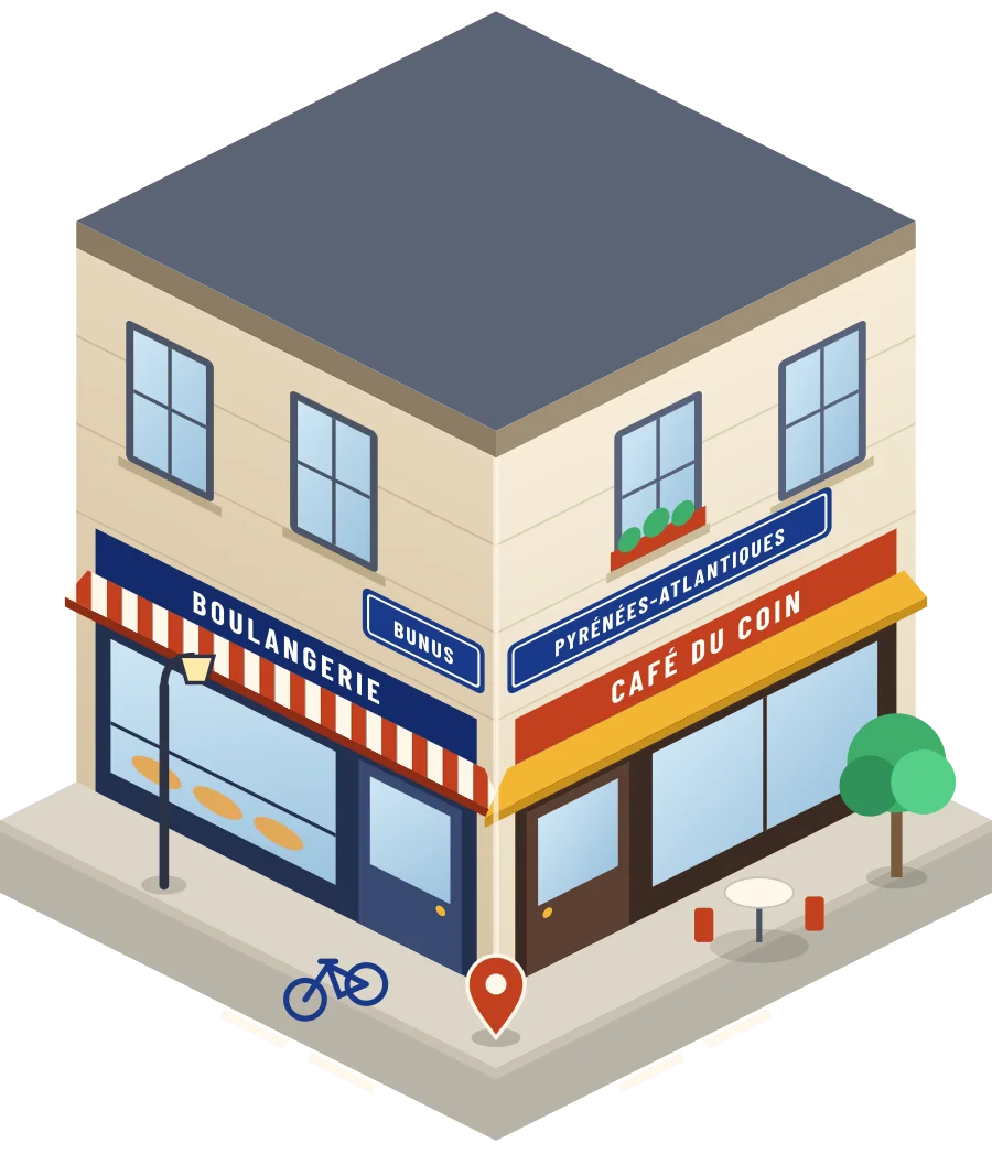 Illustration d'un coin de rue à Bunus : une boulangerie et un café à l'angle, plaques « Bunus » et « Pyrénées-Atlantiques »