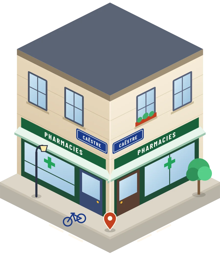 Illustration d'un coin de rue à Caëstre : deux devantures « Pharmacies » à l'angle