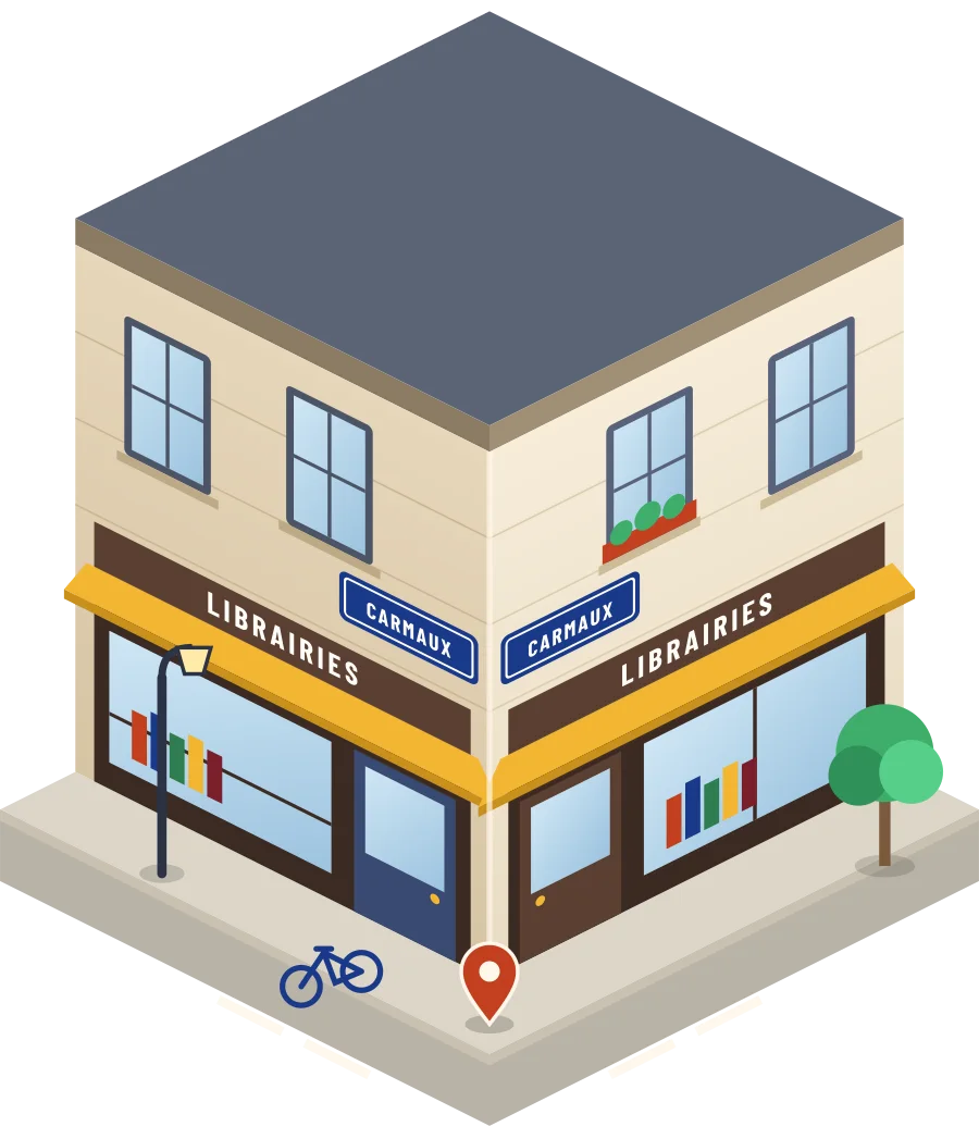 Illustration d'un coin de rue à Carmaux : deux devantures « Librairies » à l'angle