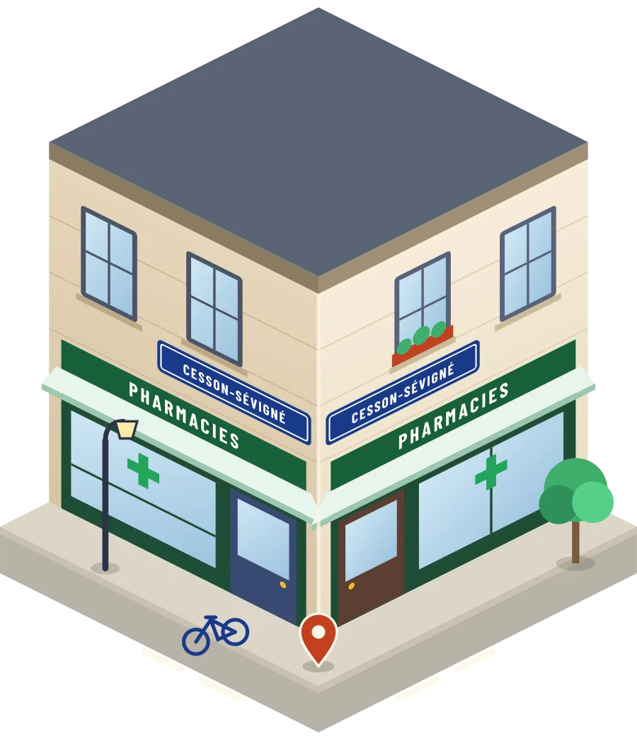 Illustration d'un coin de rue à Cesson-Sévigné : deux devantures « Pharmacies » à l'angle