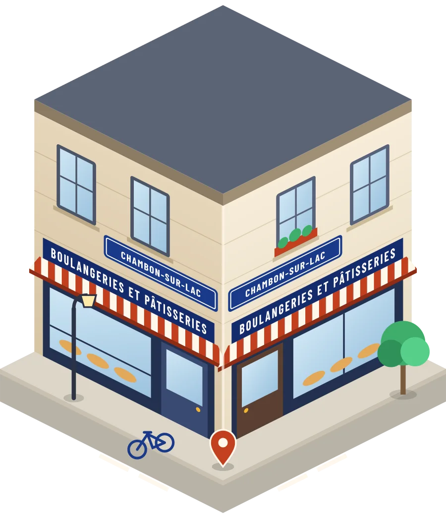 Illustration d'un coin de rue à Chambon-sur-Lac : deux devantures « Boulangeries et pâtisseries » à l'angle