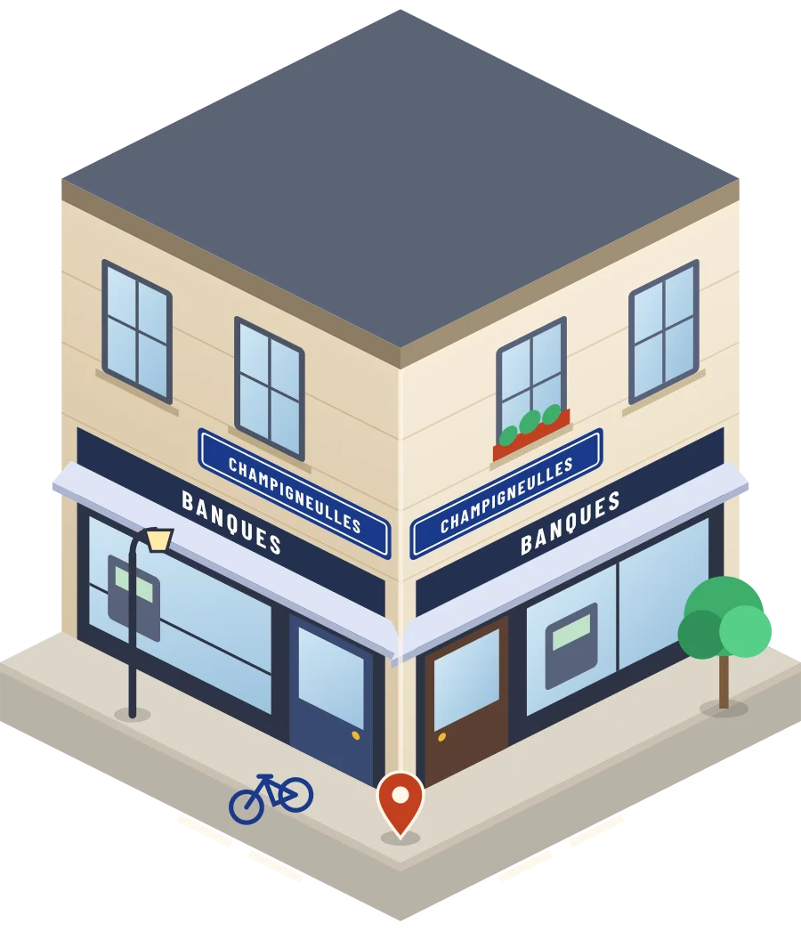 Illustration d'un coin de rue à Champigneulles : deux devantures « Banques » à l'angle