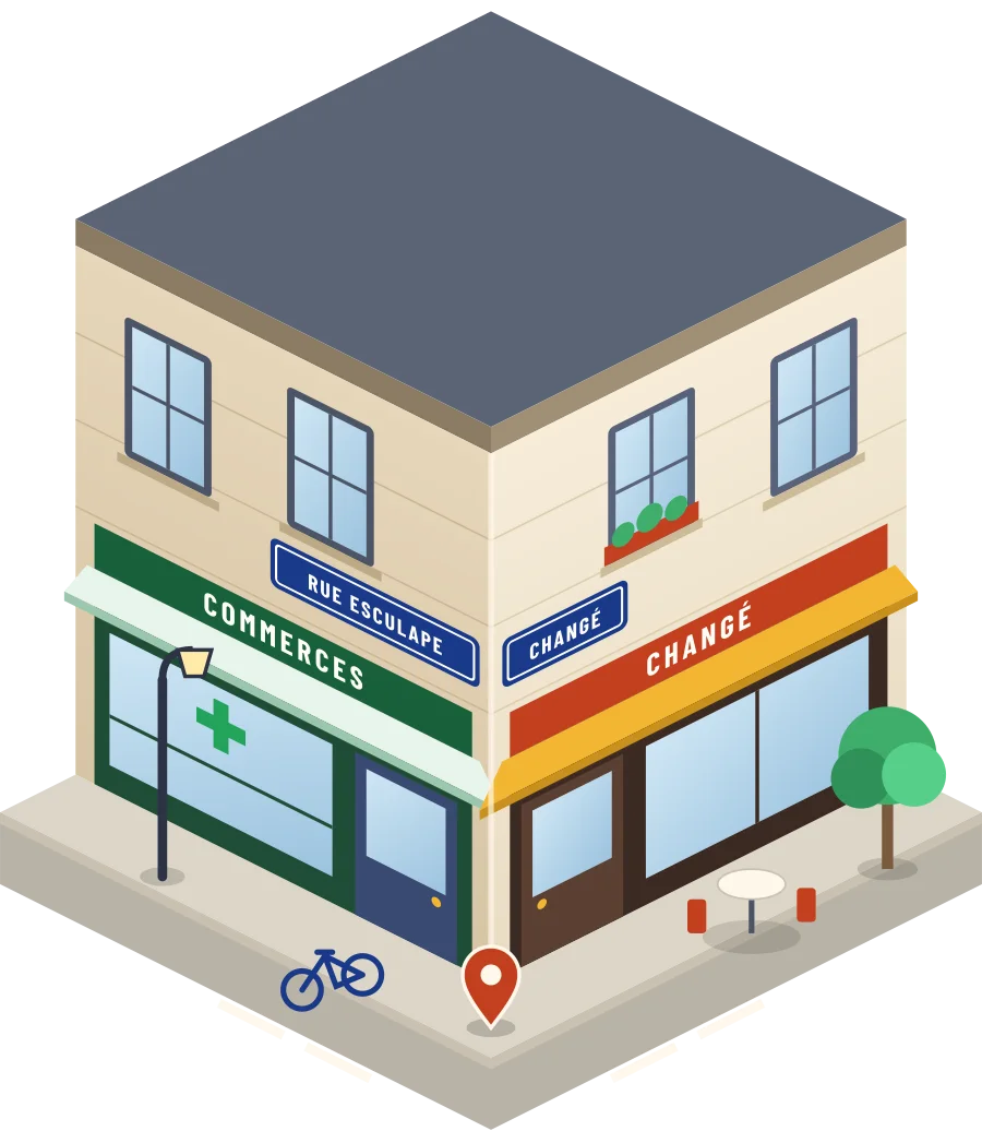 Illustration d'un coin de rue à Changé, avec la plaque « rue Esculape »