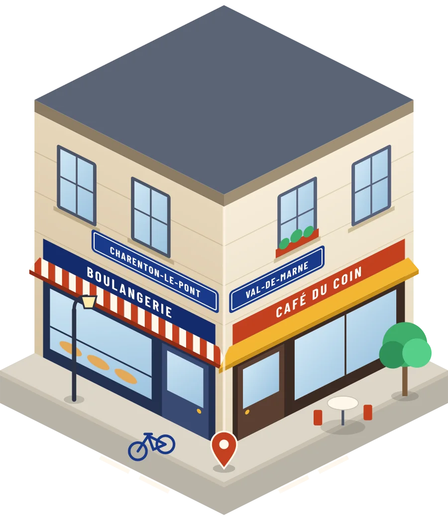Illustration d'un coin de rue à Charenton-le-Pont : une boulangerie et un café à l'angle, plaques « Charenton-le-Pont » et « Val-de-Marne »