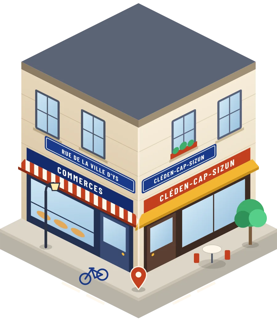 Illustration d'un coin de rue à Cléden-Cap-Sizun, avec la plaque « rue de la Ville d'Ys »