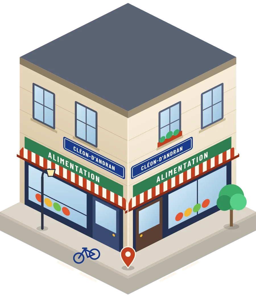 Illustration d'un coin de rue à Cléon-d'Andran : deux devantures « Alimentation » à l'angle