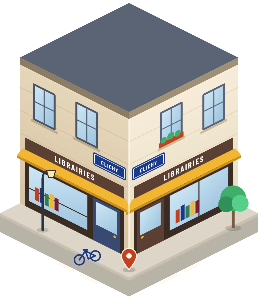 Illustration d'un coin de rue à Clichy : deux devantures « Librairies » à l'angle