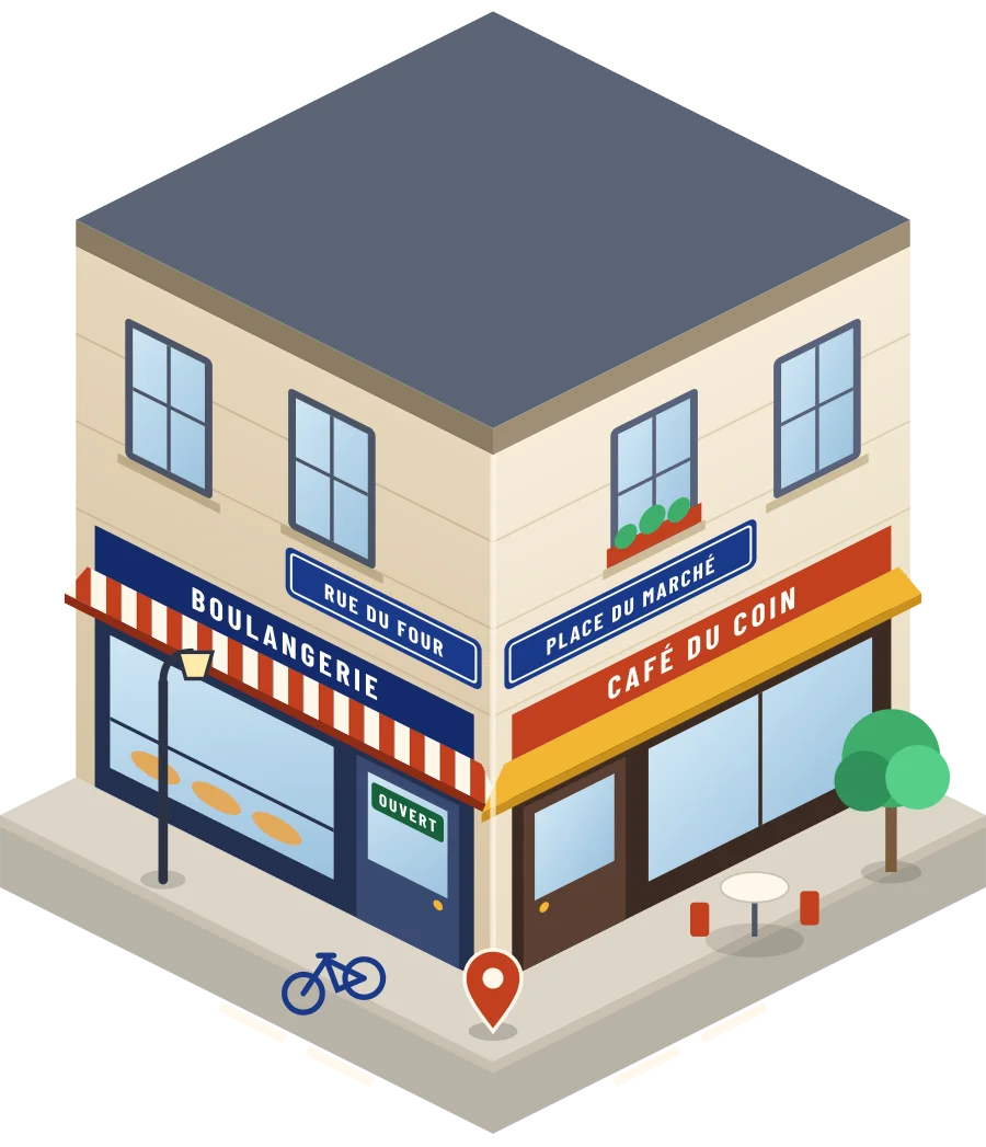 Illustration d'un coin de rue : une boulangerie et un café à l'angle, avec leurs plaques de rue