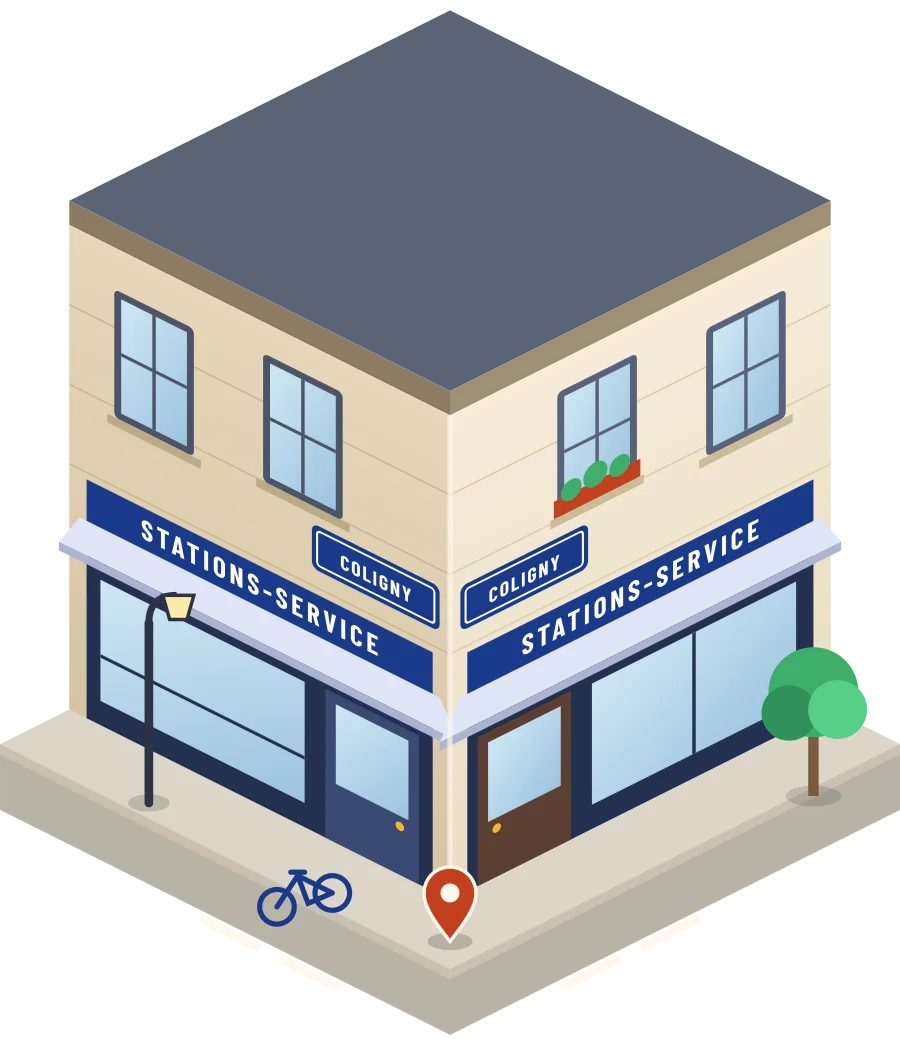 Illustration d'un coin de rue à Coligny : deux devantures « Stations-service » à l'angle