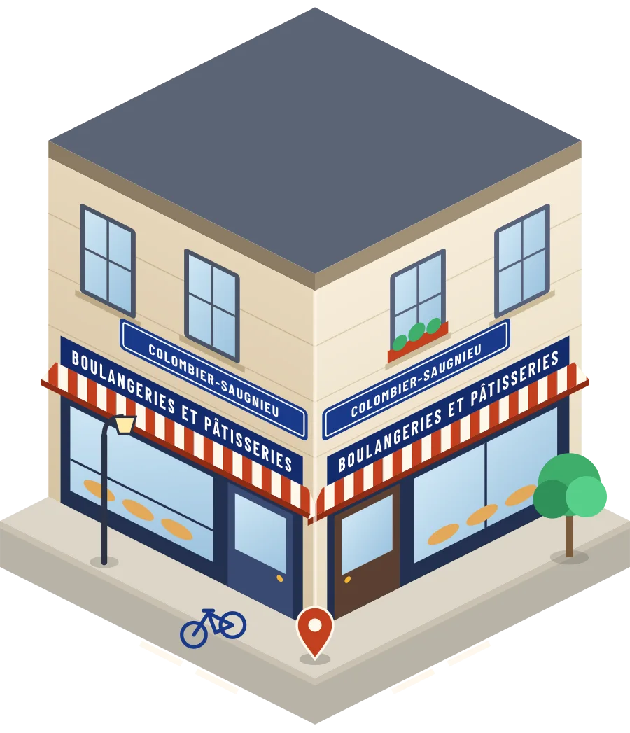 Illustration d'un coin de rue à Colombier-Saugnieu : deux devantures « Boulangeries et pâtisseries » à l'angle