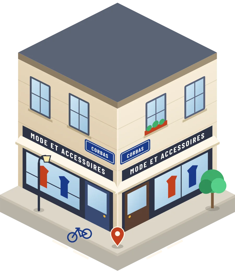 Illustration d'un coin de rue à Corbas : deux devantures « Mode et accessoires » à l'angle