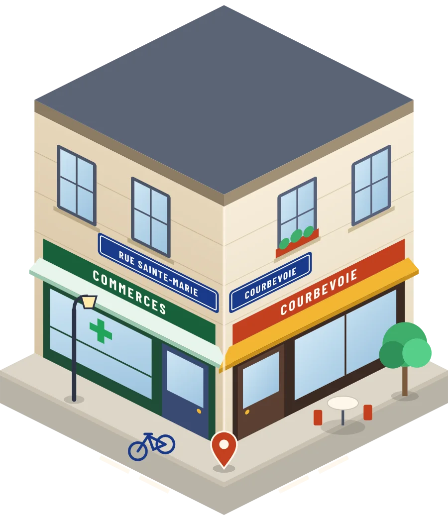 Illustration d'un coin de rue à Courbevoie, avec la plaque « rue Sainte-Marie »