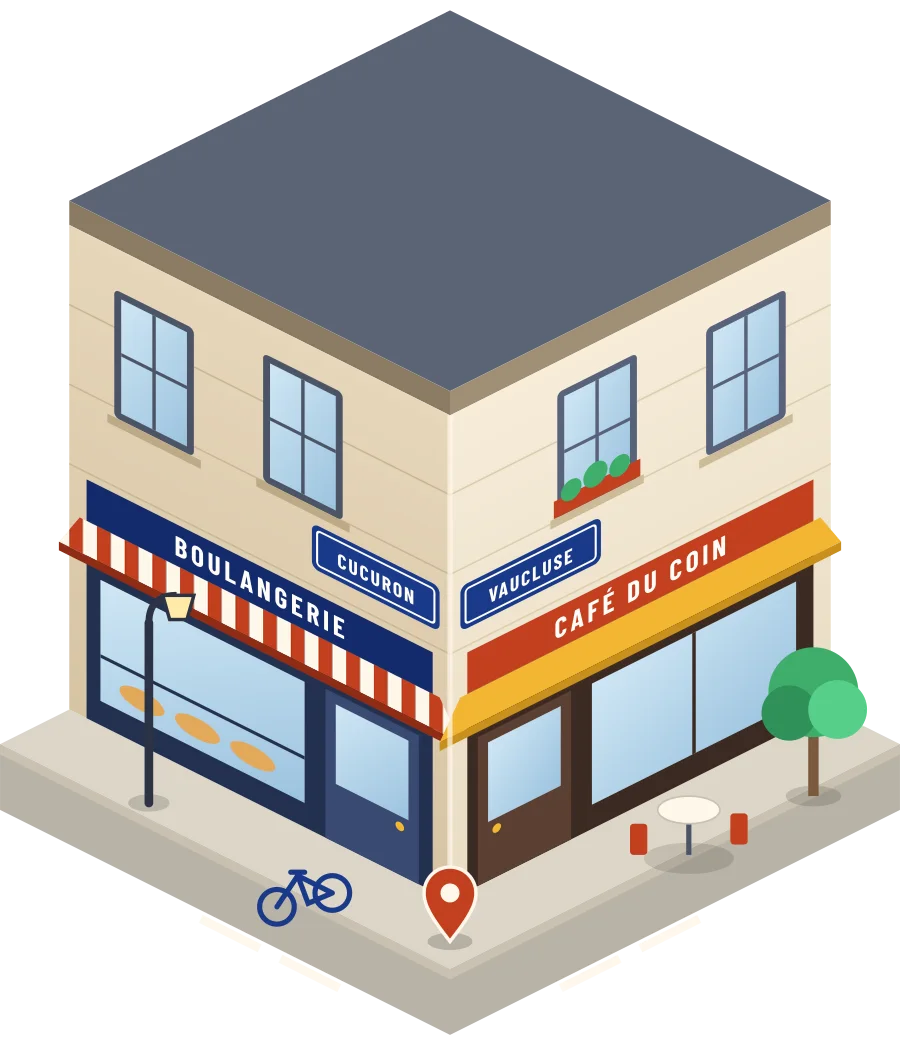Illustration d'un coin de rue à Cucuron : une boulangerie et un café à l'angle, plaques « Cucuron » et « Vaucluse »