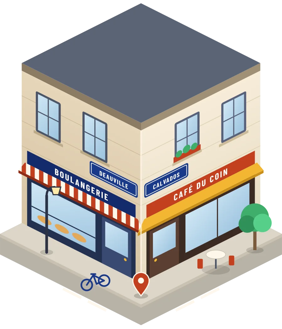 Illustration d'un coin de rue à Deauville : une boulangerie et un café à l'angle, plaques « Deauville » et « Calvados »