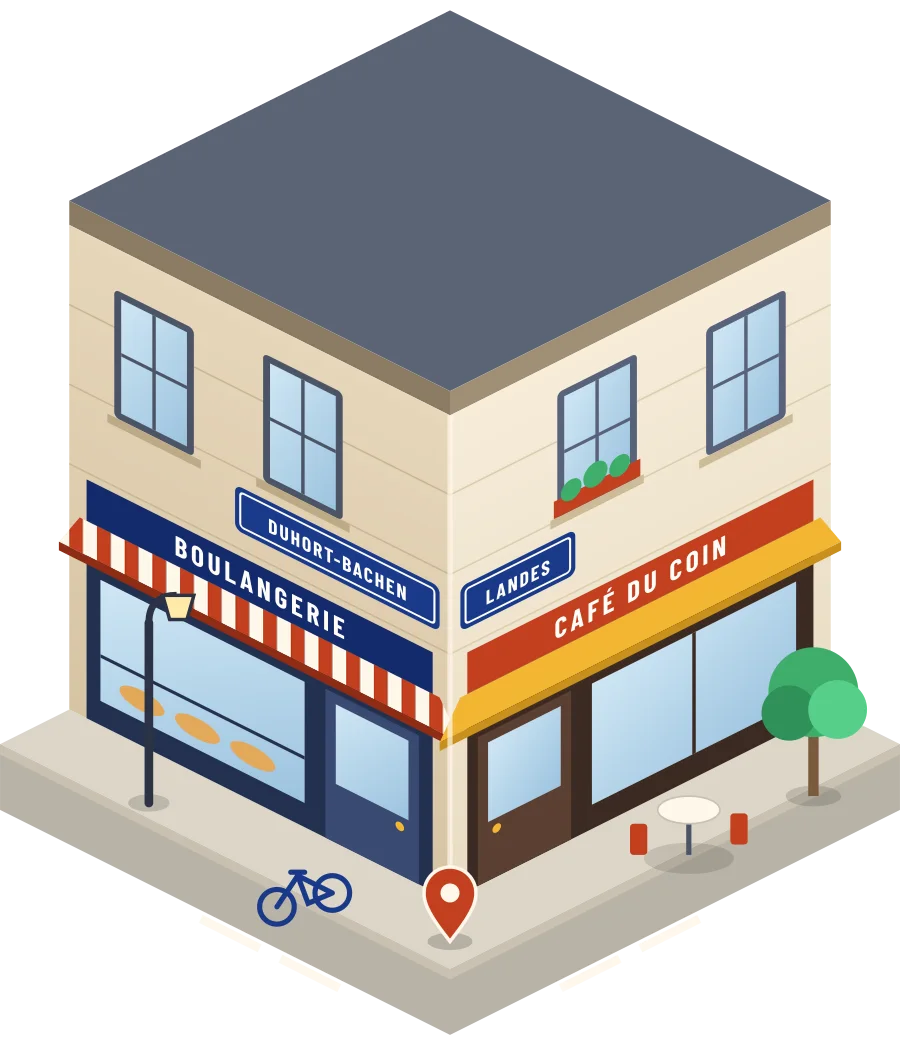Illustration d'un coin de rue à Duhort-Bachen : une boulangerie et un café à l'angle, plaques « Duhort-Bachen » et « Landes »