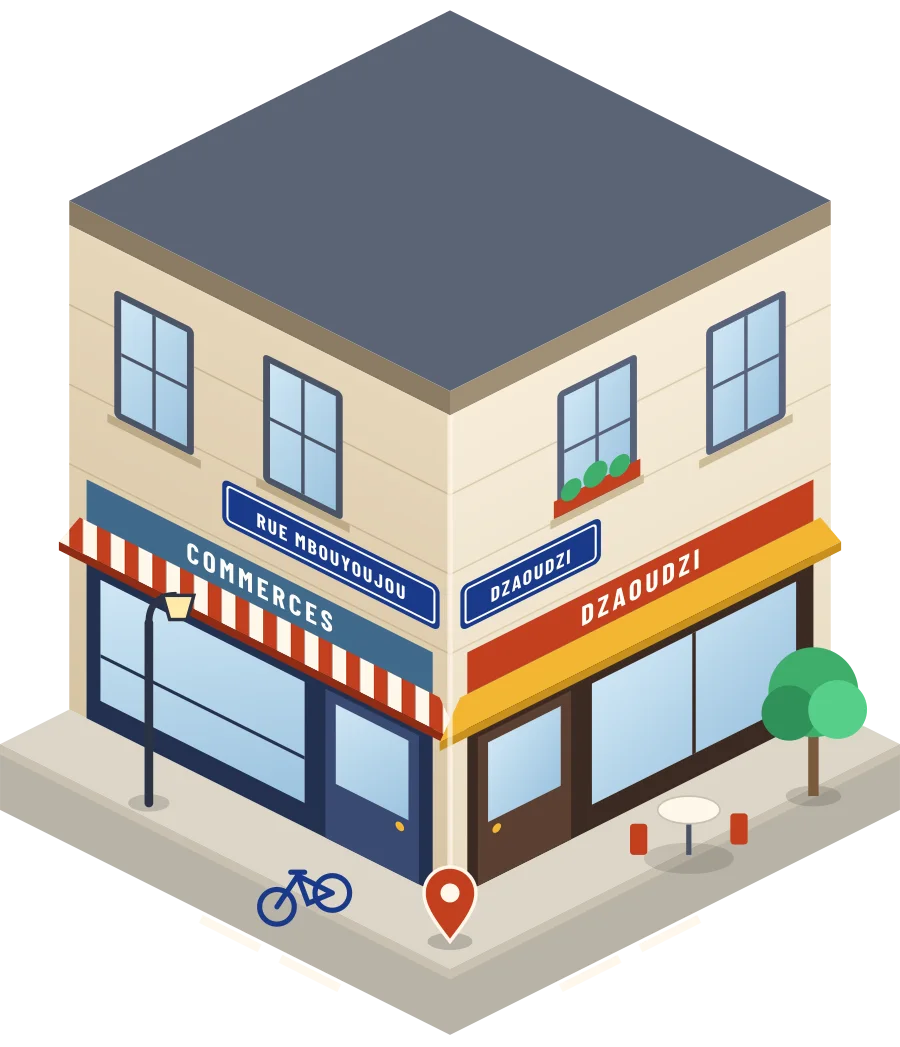 Illustration d'un coin de rue à Dzaoudzi, avec la plaque « rue Mbouyoujou »