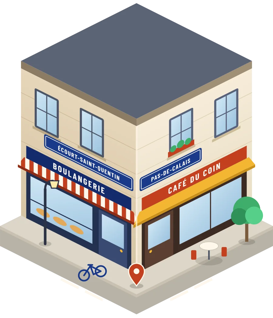 Illustration d'un coin de rue à Écourt-Saint-Quentin : une boulangerie et un café à l'angle, plaques « Écourt-Saint-Quentin » et « Pas-de-Calais »