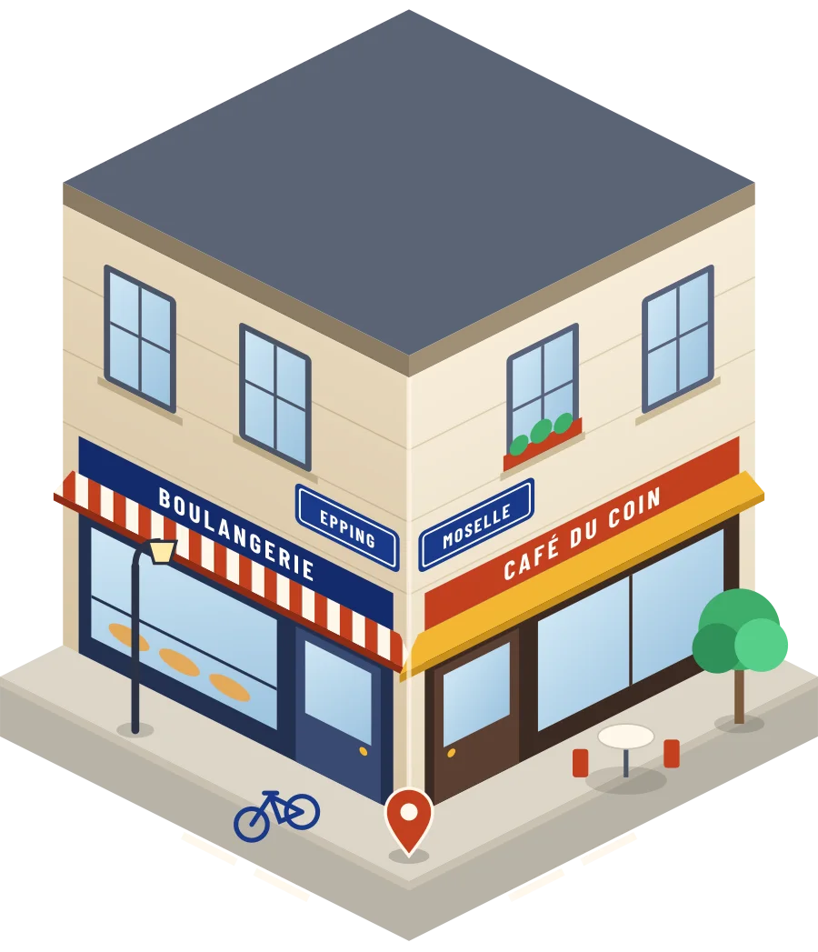 Illustration d'un coin de rue à Epping : une boulangerie et un café à l'angle, plaques « Epping » et « Moselle »