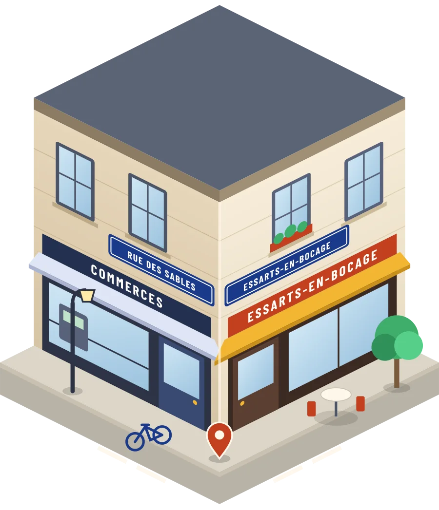Illustration d'un coin de rue à Essarts-en-Bocage, avec la plaque « rue des sables »