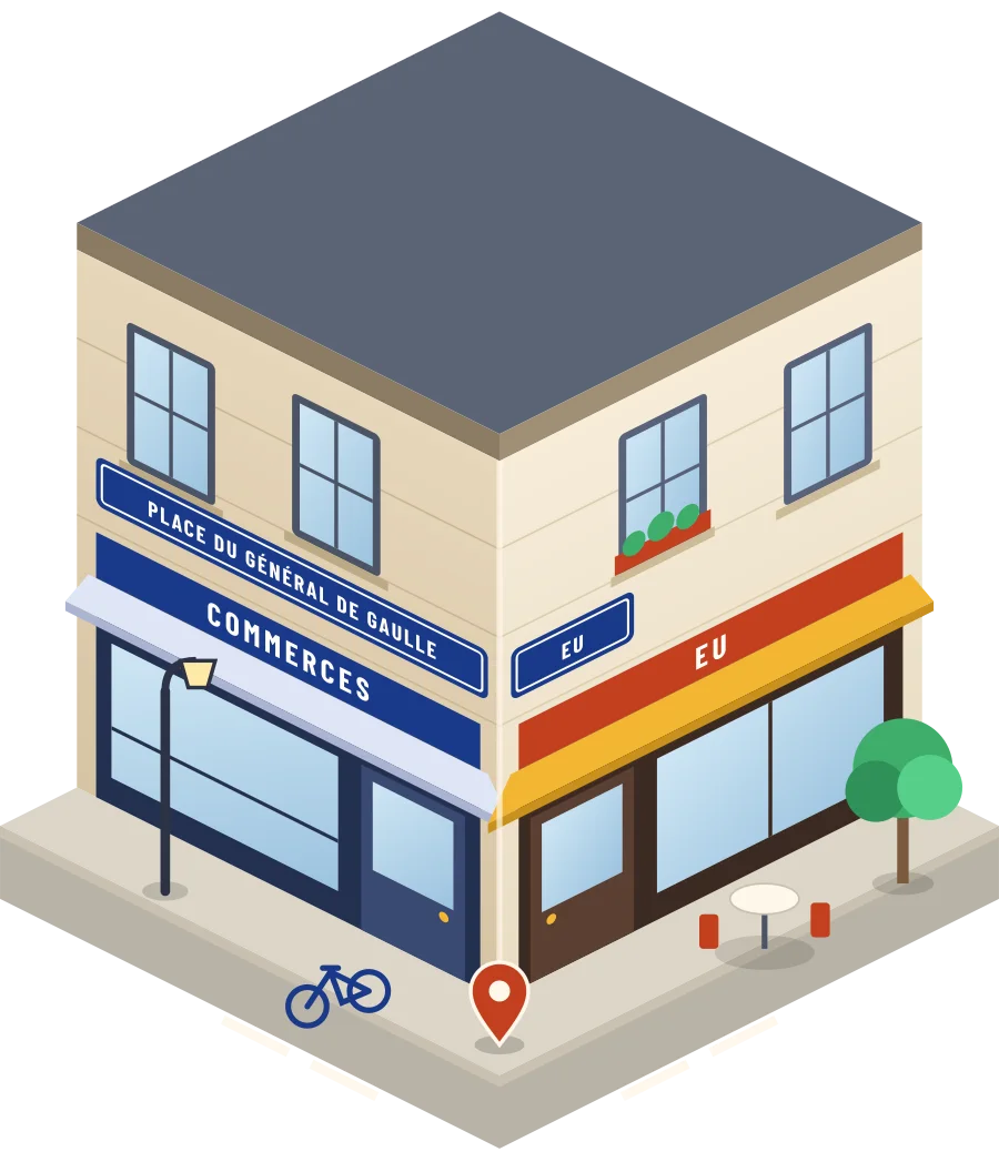 Illustration d'un coin de rue à Eu, avec la plaque « place du Général de Gaulle »
