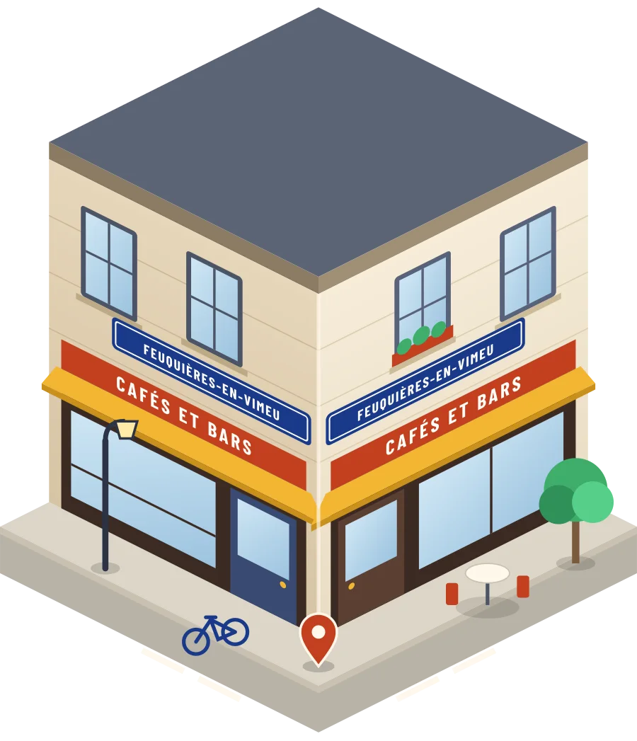 Illustration d'un coin de rue à Feuquières-en-Vimeu : deux devantures « Cafés et bars » à l'angle