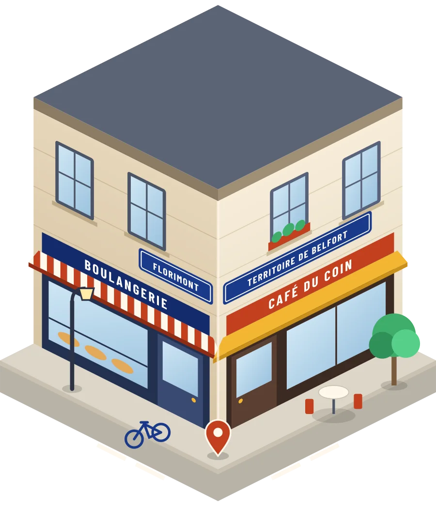 Illustration d'un coin de rue à Florimont : une boulangerie et un café à l'angle, plaques « Florimont » et « Territoire de Belfort »