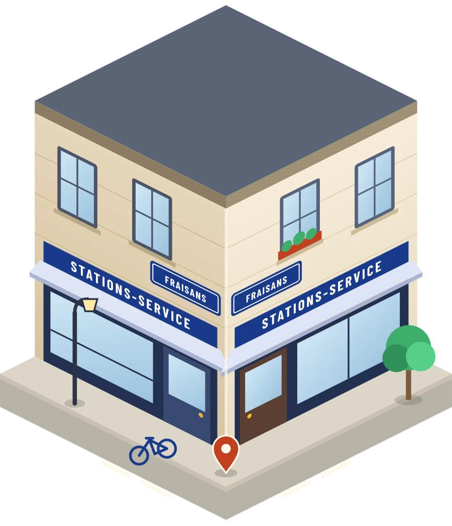 Illustration d'un coin de rue à Fraisans : deux devantures « Stations-service » à l'angle