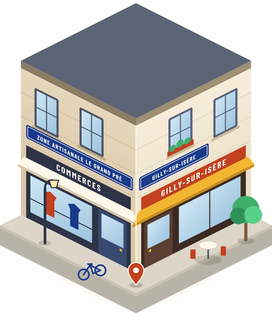 Illustration d'un coin de rue à Gilly-sur-Isère, avec la plaque « zone Artisanale le Grand Pré »