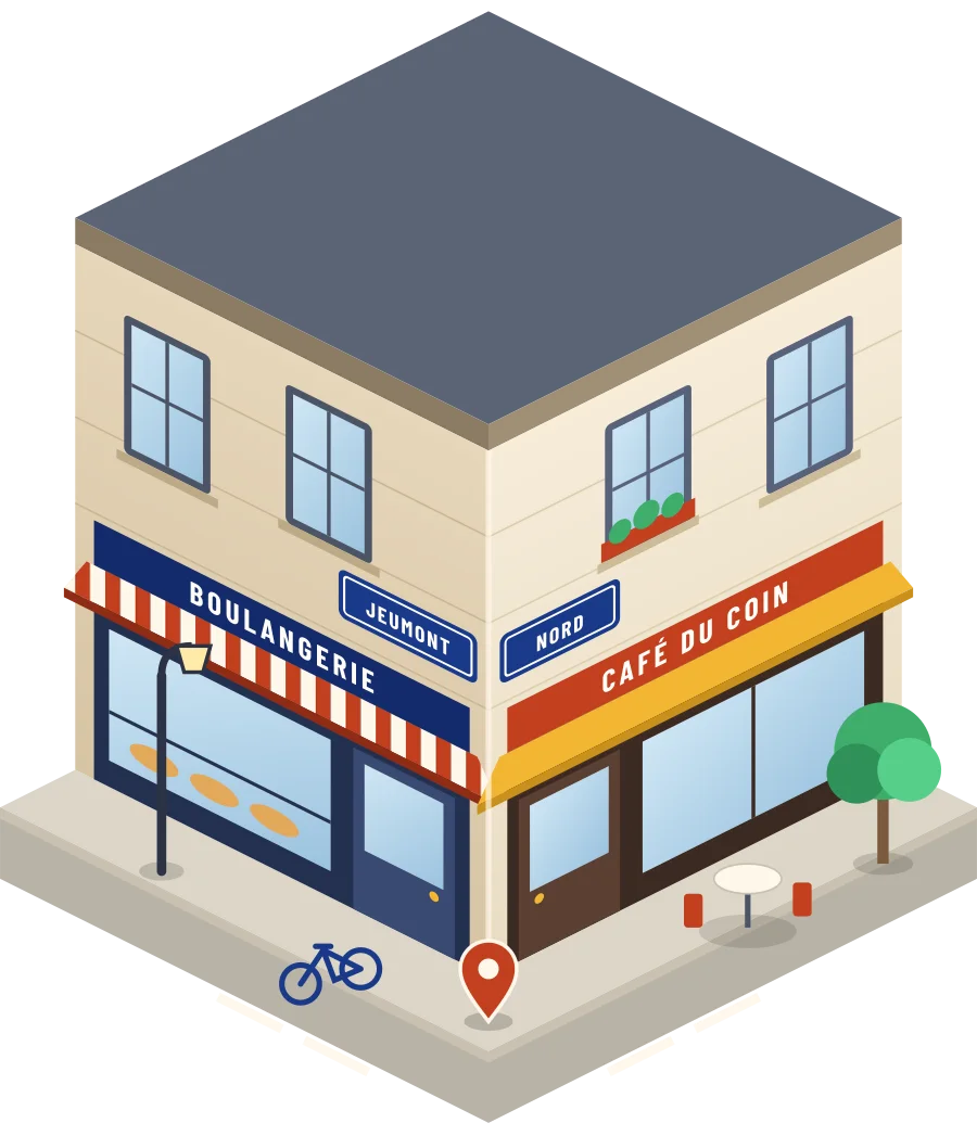 Illustration d'un coin de rue à Jeumont : une boulangerie et un café à l'angle, plaques « Jeumont » et « Nord »