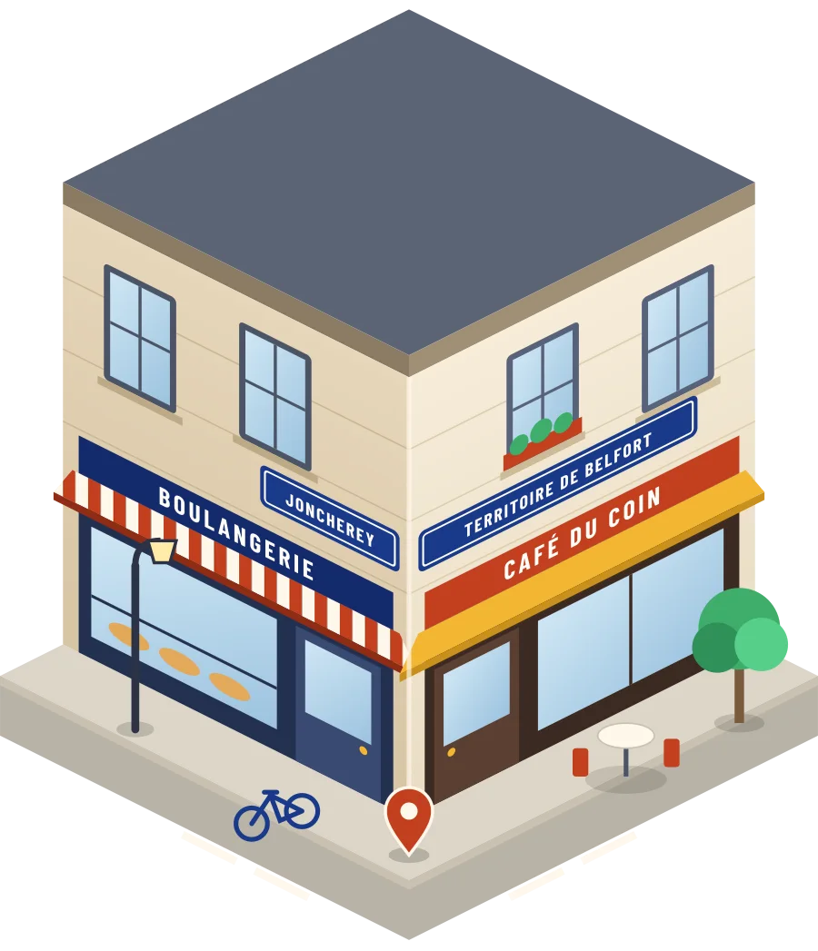 Illustration d'un coin de rue à Joncherey : une boulangerie et un café à l'angle, plaques « Joncherey » et « Territoire de Belfort »