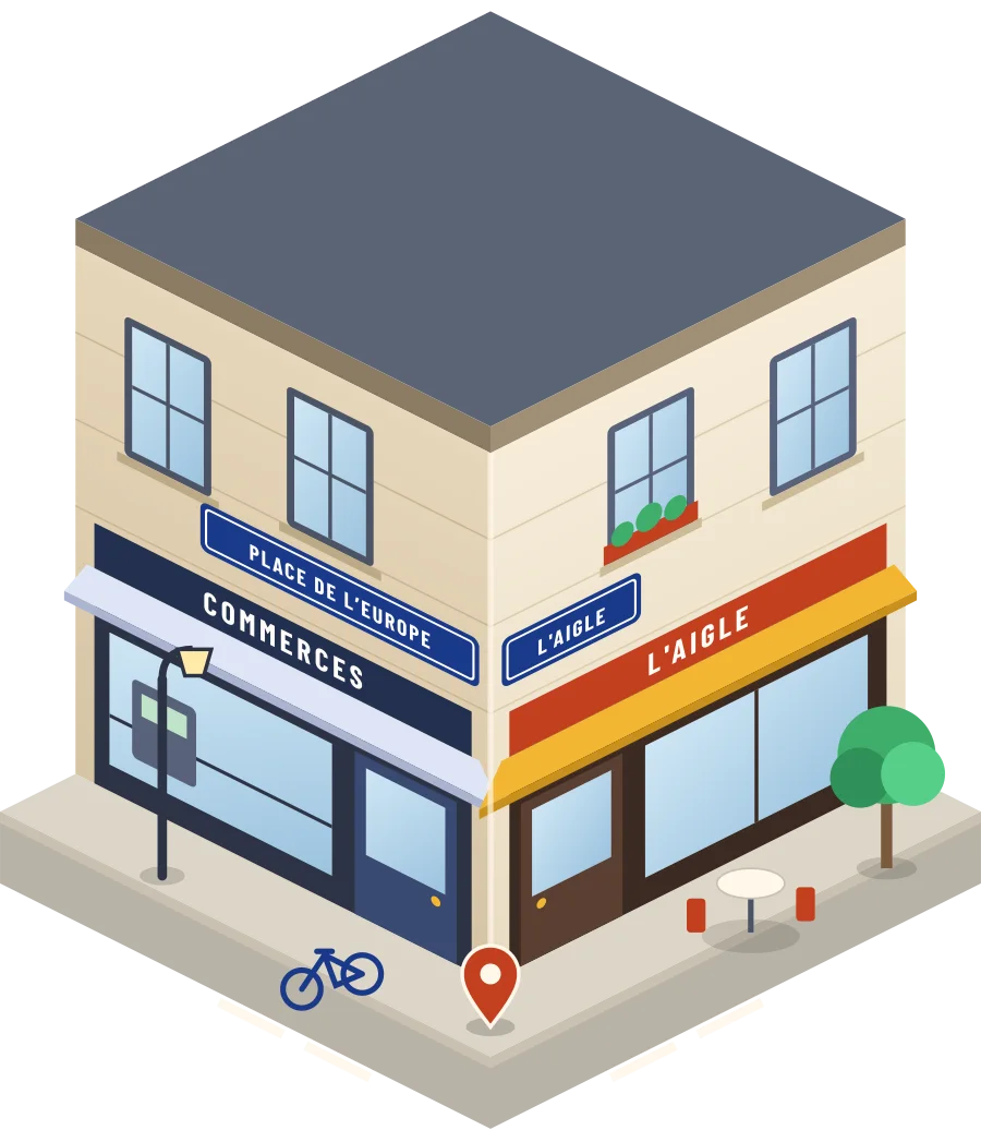 Illustration d'un coin de rue à L'Aigle, avec la plaque « place de l’Europe »
