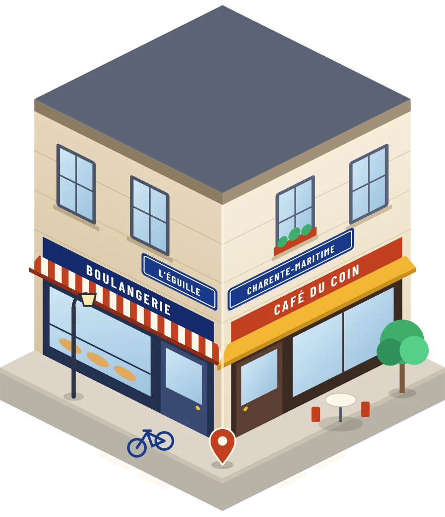 Illustration d'un coin de rue à L'Éguille : une boulangerie et un café à l'angle, plaques « L'Éguille » et « Charente-Maritime »