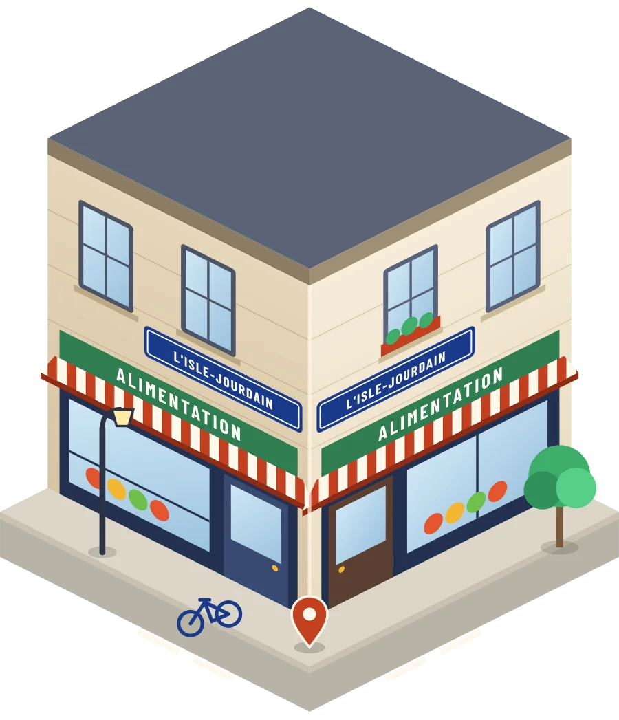 Illustration d'un coin de rue à L'Isle-Jourdain : deux devantures « Alimentation » à l'angle