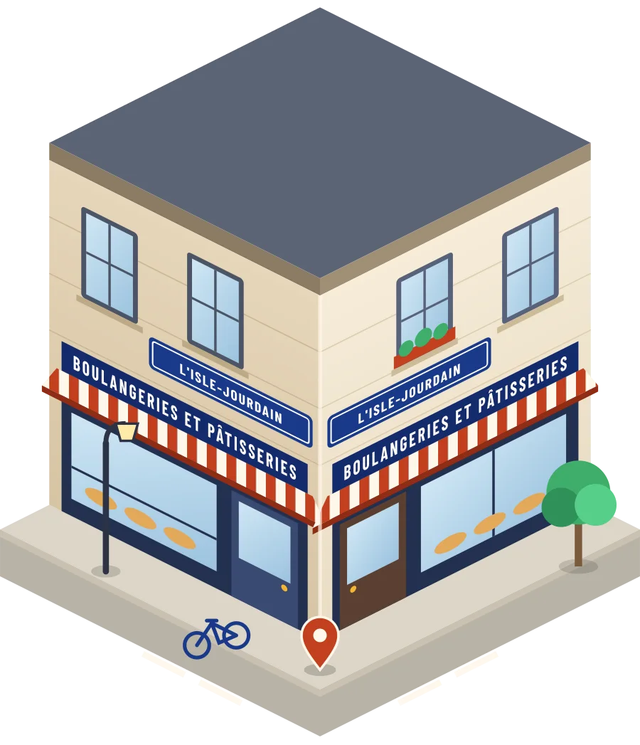 Illustration d'un coin de rue à L'Isle-Jourdain : deux devantures « Boulangeries et pâtisseries » à l'angle