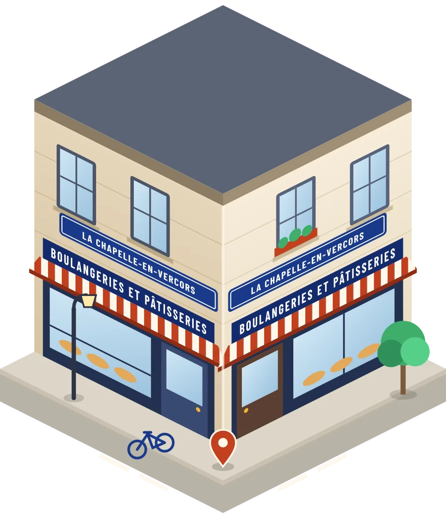 Illustration d'un coin de rue à La Chapelle-en-Vercors : deux devantures « Boulangeries et pâtisseries » à l'angle