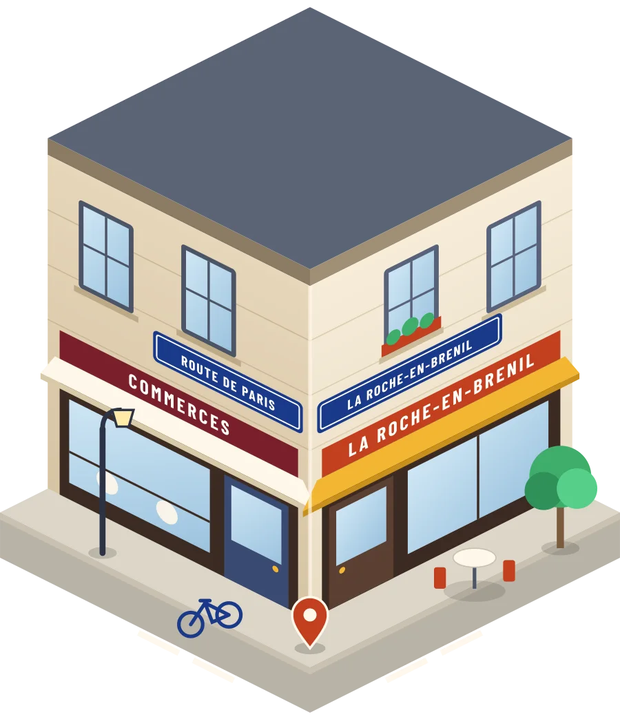 Illustration d'un coin de rue à La Roche-en-Brenil, avec la plaque « route de Paris »